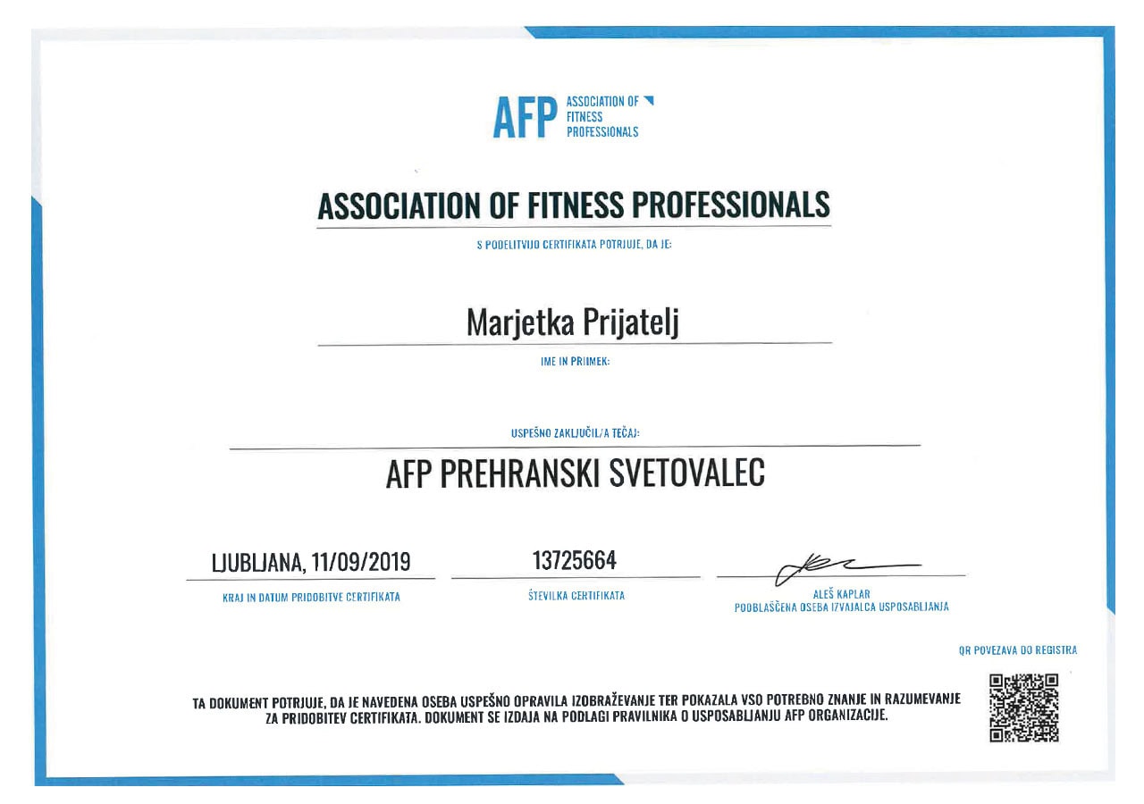 Marjetka Prijatelj AFP prehranski certifikat