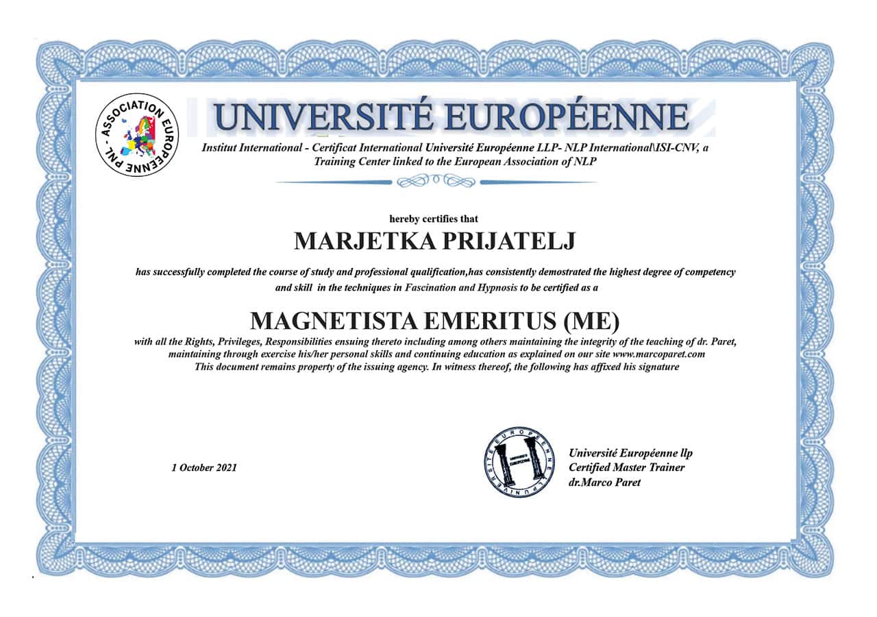 Marjetka Prijatelj emeritus certifikat