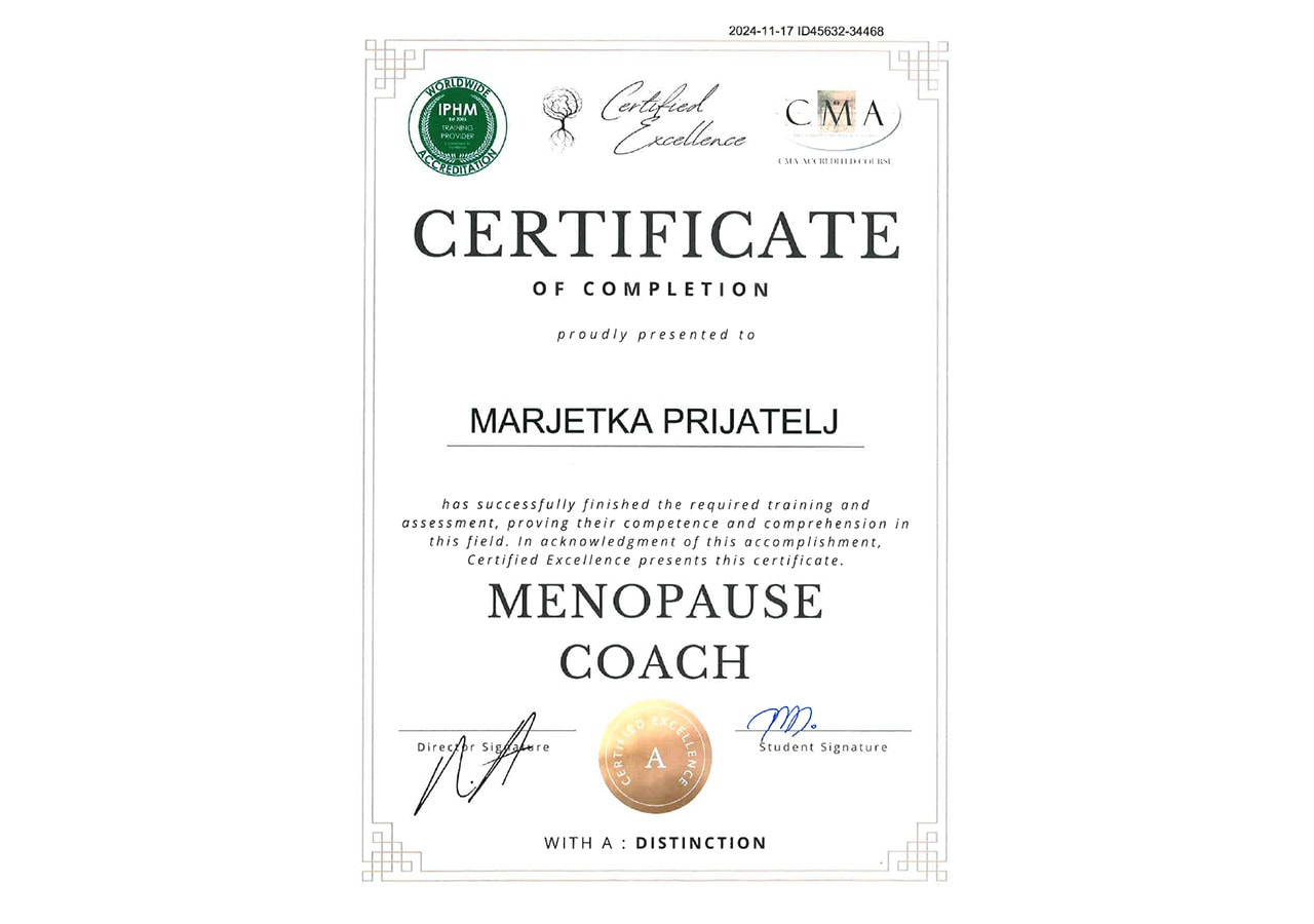 Marjetka Prijatelj menopausal certifikat